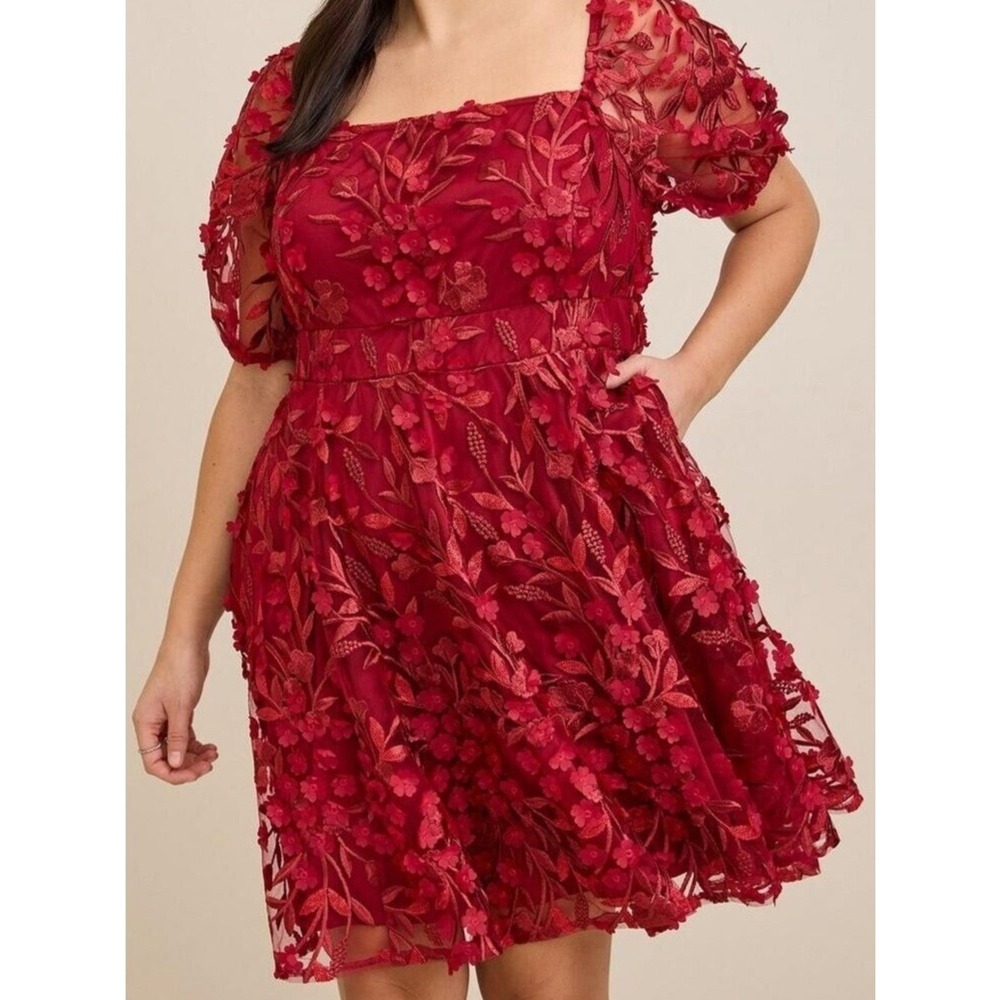 Torrid 3D Floral Applique Mini Dress Cocktail Party Burgundy Red 16 Puff Sleeve